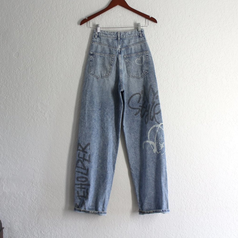 H&M Graffiti ultra High Waisted Wide Leg Jeans Size 0 / inseam 32 - Picture 2 of 15